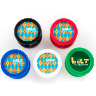 5 yo-yos on a white surface. The yo-yos are Bolt yo-yos in each colorway. Black, red, blud, white, and green.