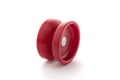 A red Thing Yo-Yo on a white background. The yo-yo is a slim butterfly shape. It has a silver anodized hub.