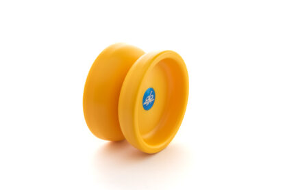 A yellow Thing Yo-Yo on a white background. The yo-yo is a slim butterfly shape. It has a blue anodized hub.