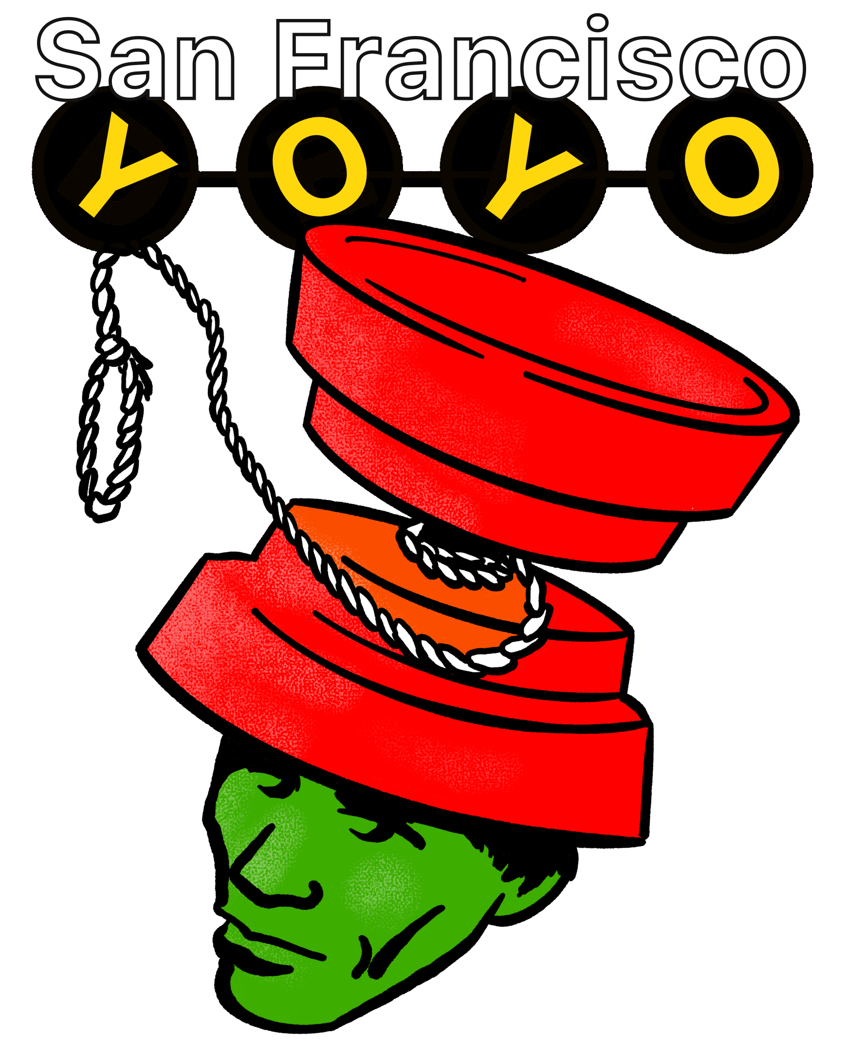 A drawing of a man's head with a giant yo-yo as a hat. It's inspired by the Devo band logo of a man wearing a stepped red hat.