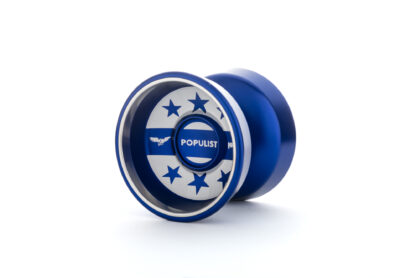 A blue Populist Yo-Yo, photographed on an endless white background. The yo-yo has white engraving on it with stars and the word "Populist" written on it. It has steel rings.
