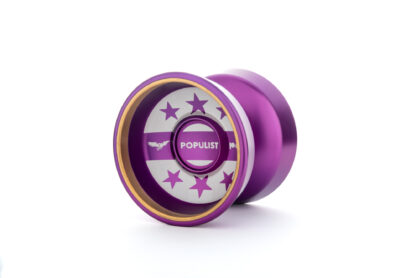 A purple Populist Yo-Yo, photographed on an endless white background. The yo-yo has white engraving on it with stars and the word "Populist" written on it. It has brass rings.