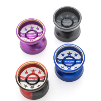 Four Populist yo-yos displayed on a white surface. The yo-yos are displayed so you can see their sides and the logos on their fingerspin areas. The four colors shown are blue, black, red, and purple.