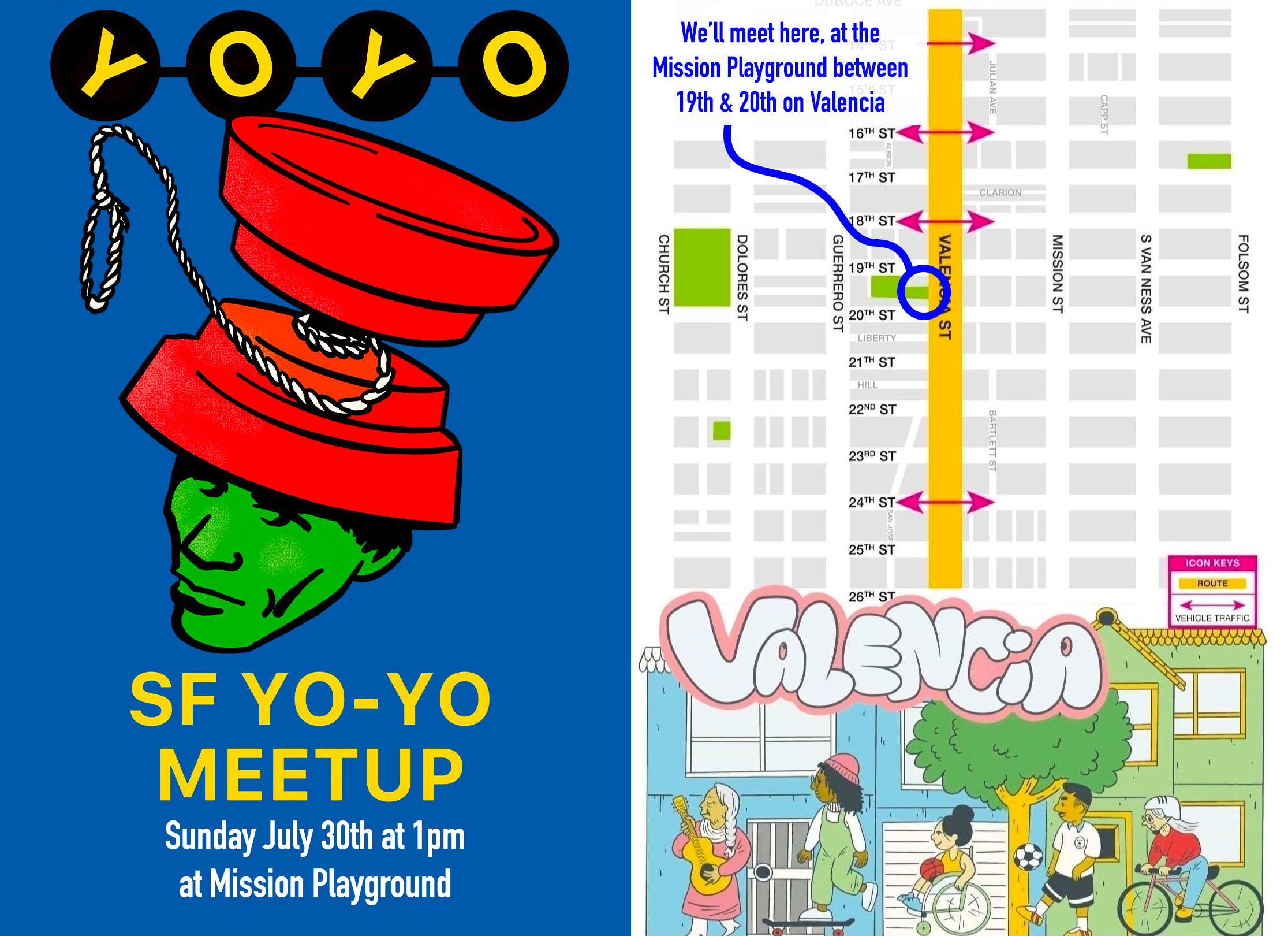 A flyer for the "SF Yo-Yo Meetup" that lists the time as July 30th, 2023 at 1pm in the Mission Playground. There is a also a map that shows the specific location on Valencia Street, halfway between 19th and 20th streets.