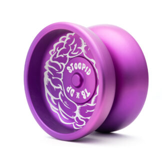 A photo of the Stoopid yo-yo. This is a purple yo-yo with a subtle fade (from light to dark) and white artwork lazer etched on the side. The yo-yo is slim and fits nicely in the pocket.