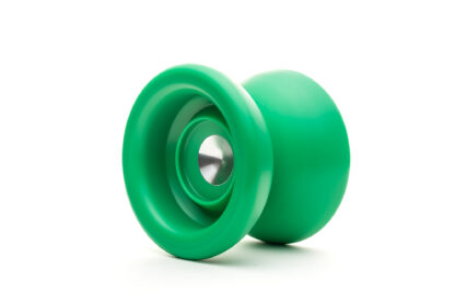 A wide plastic yo-yo with metal hubs and fingerspin areas. The yo-yo is green plastic with raw aluminum hubs.