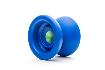 A wide plastic yo-yo with metal hubs and fingerspin areas. The yo-yo is blue plastic with green aluminum hubs.