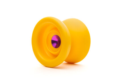 A wide plastic yo-yo with metal hubs and fingerspin areas. The yo-yo is yellow plastic with pink aluminum hubs.