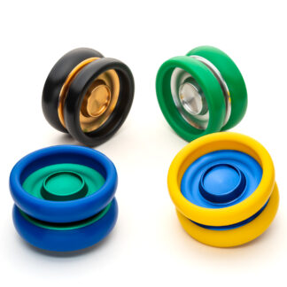A photo of four PLTPS yo-yos in different colors. Each yo-yo is plastic rimmed with aluminum hubs in a slim design with fingerspin cups. The colors are black plastic with gold metal, green plastic with silver metal, blue plastic with green metal, and yellow plastic with blue metal.