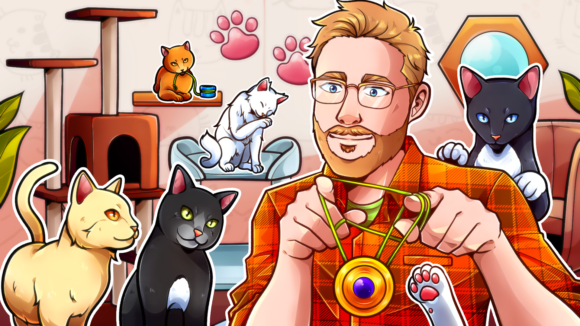 A drawing of Doc Pop hanging out with a bunch of cats in a cat cafe.