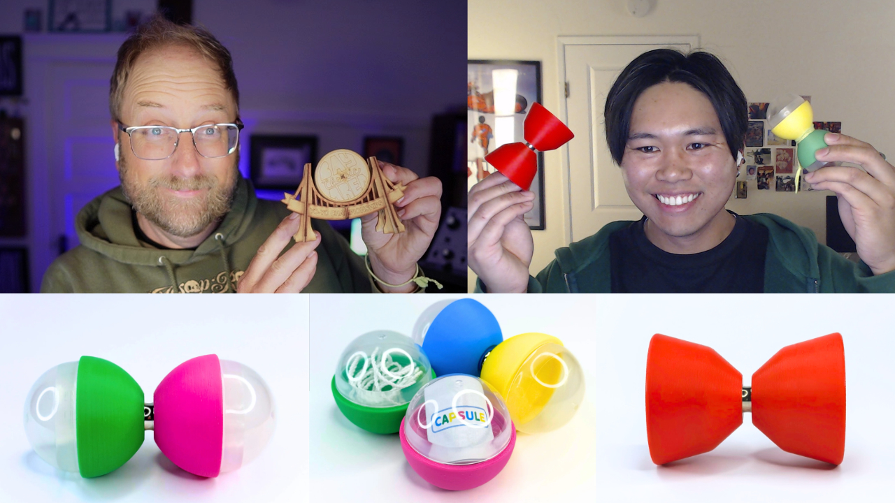 A thumbnail image showing two men holding homemade yo-yos. The man on the left, Doc Pop, is holding a laser etched wooden yo-yo. The man on the right, Dale Tubat, is holding two 3D printed yo-yos. Below both of them are photos of other 3D printed yo-yos that Dale made. Some of these yo-yos look like little plastic capsules you'd get little toys in at an arcade