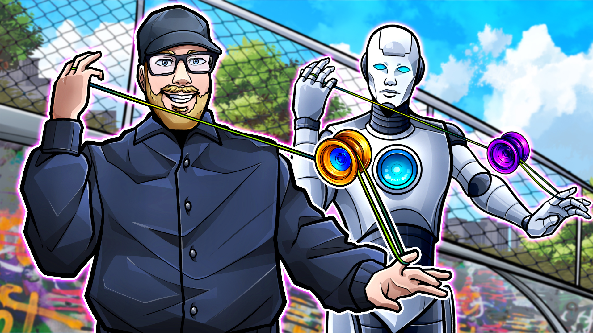 Doc Pop playing with a yo-yo. Behind him is a shiny silver robot imitating the moves that Doc is doing. Doc is a white man with a beard, glasses, black baseball cap, and jacket. He is smiling while yo-yoing and doing a trick called the Robot.